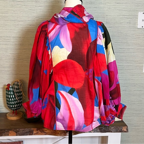Farm Rio Watercolor Floral 3/4 Balloon Sleeve Blouse Button-Down Top Size Small - Picture 9 of 13